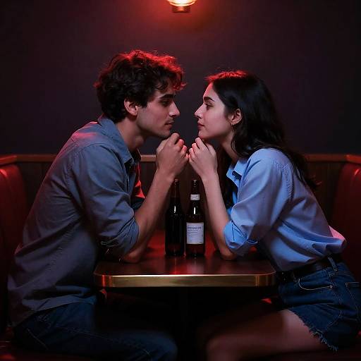 Intimate Couple in Dimly Lit Booth
