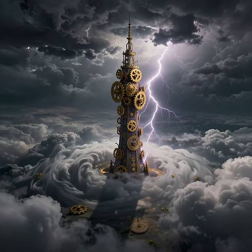 Photorealistic CGI of a towering clock tower with gears, engulfed in lightning, rising through dramatic, dark storm clouds.