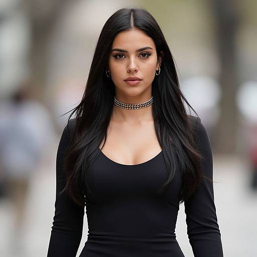 Photograph of a young woman with long black hair, wearing a black long-sleeve top and silver choker, standing confidently in a blurred outdoor