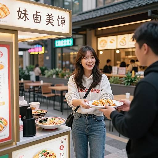 Photograph of a smiling Asian woman in a white hoodie and jeans, handing food to a man at a brightly lit Japanese restaurant street stall.