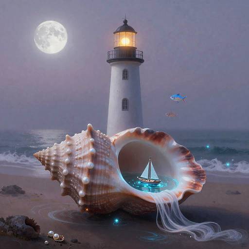 Seashell Lighthouse Beneath Double Moon