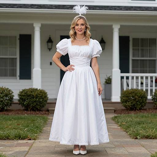 Blonde woman in white Victorian-style dress with puffed sleeves, white hat, and white shoes, stands on a porch steps. Photograph.
