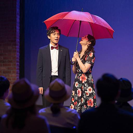 Musical duet with red umbrella on stage