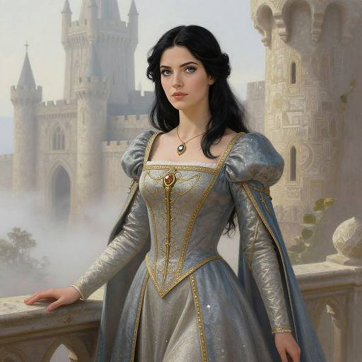 Digital painting of a fair-skinned woman with black hair, wearing a silver, puffed-sleeve, medieval gown, standing in front of a