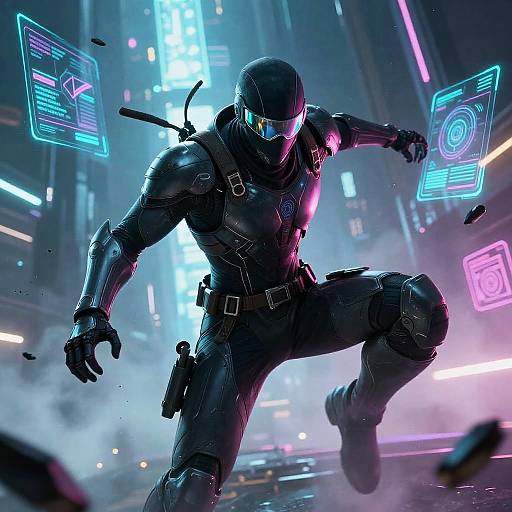 CGI image of a futuristic, armored, black-clad warrior with a reflective visor, knee-deep in neon-lit, cyberpunk city