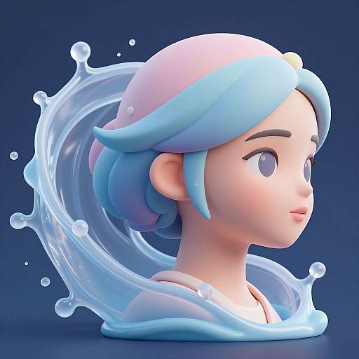 CGI 3D portrait of a stylized, pale-skinned female with blue hair, surrounded by a dynamic, translucent blue water splash against a