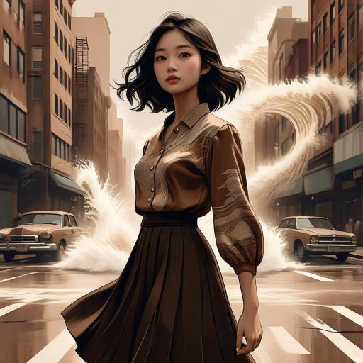 Young Woman in Vintage Cityscape with Water Effects