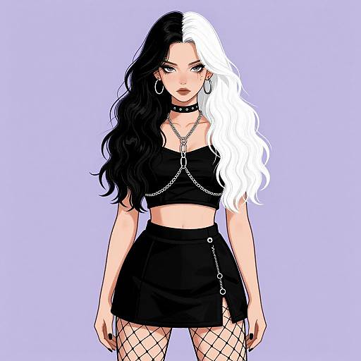 Digital anime-style drawing of a pale-skinned woman with black-and-white hair, wearing a black crop top, mini skirt, fishnet stockings, and