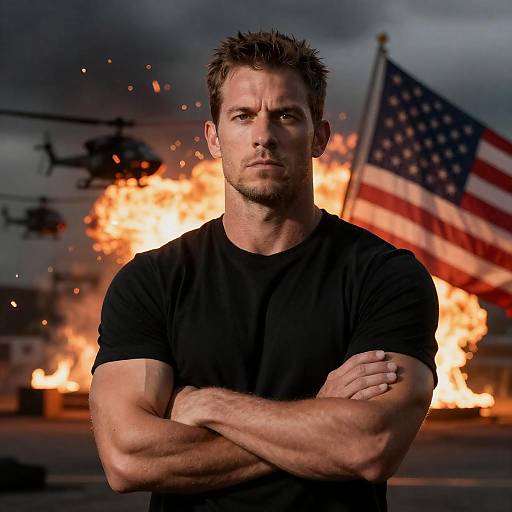 Heroic Portrait Amidst Fiery Chaos