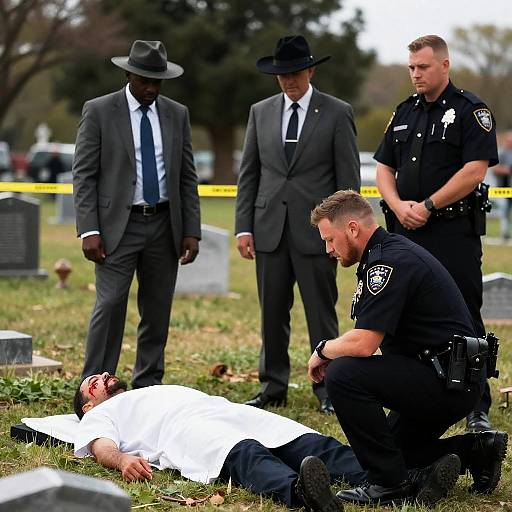 Intense Graveyard Scene with Four Men