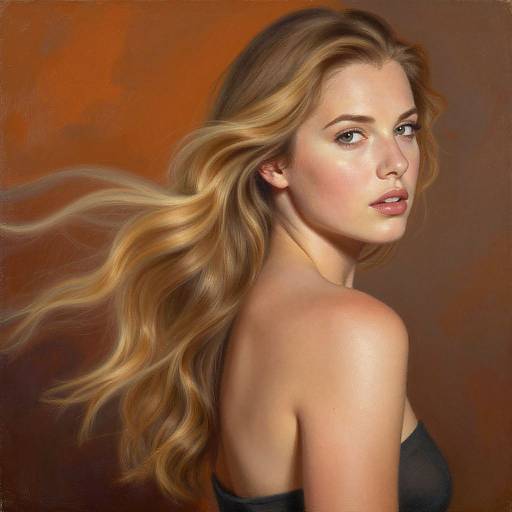 Photorealistic portrait of a beautiful blonde woman with wavy hair, fair skin, and blue eyes, wearing a strapless black top, against a