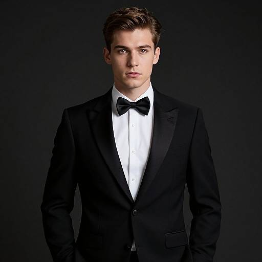 Photograph of a young Caucasian man with short brown hair, wearing a black tuxedo with a white shirt and black bow tie, standing against a