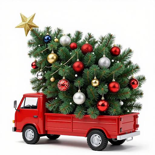 Whimsical Red Truck with Christmas Tree