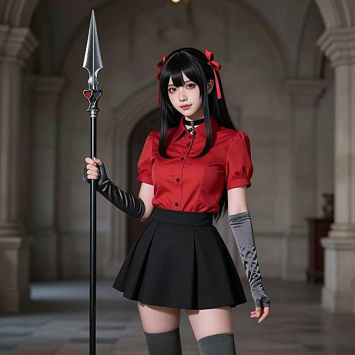Digital art of a pale-skinned, black-haired anime girl in a red blouse, black skirt, and gray gloves, holding a spiked staff in a