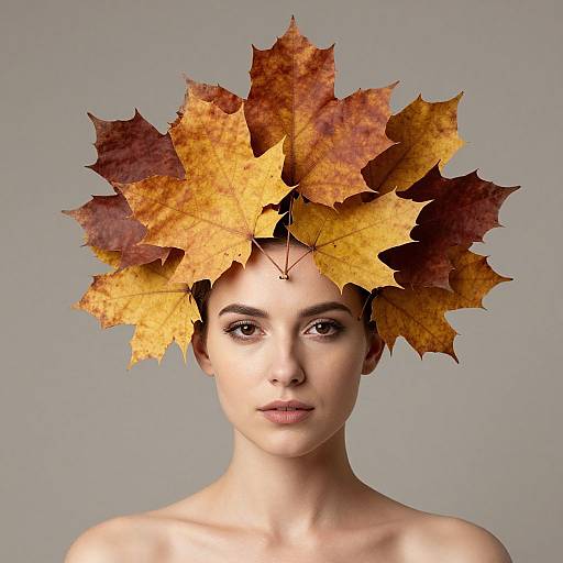 Photograph of a fair-skinned woman with dark eyes, bare shoulders, wearing a crown of colorful autumn leaves on a gray background.
