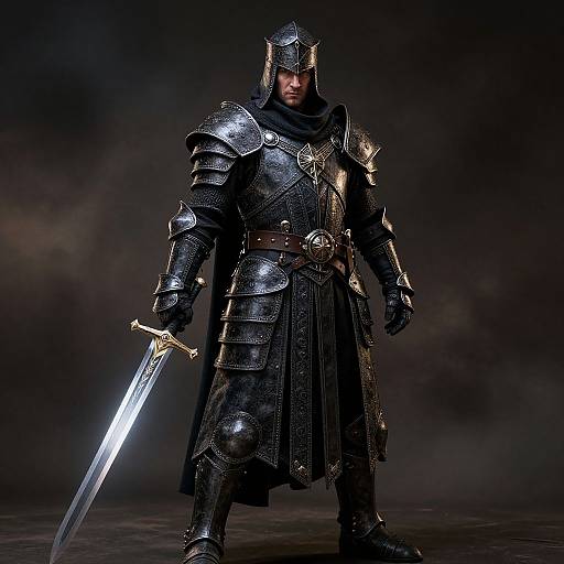Photorealistic CGI of a stern, armored knight with a sword, dark helmet, and cloak, standing against a smoky, dark background.