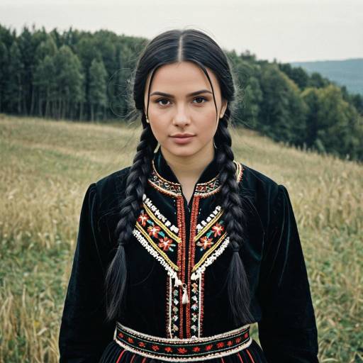 Young Woman in Serbian Folklore Outfit with Twin Braids