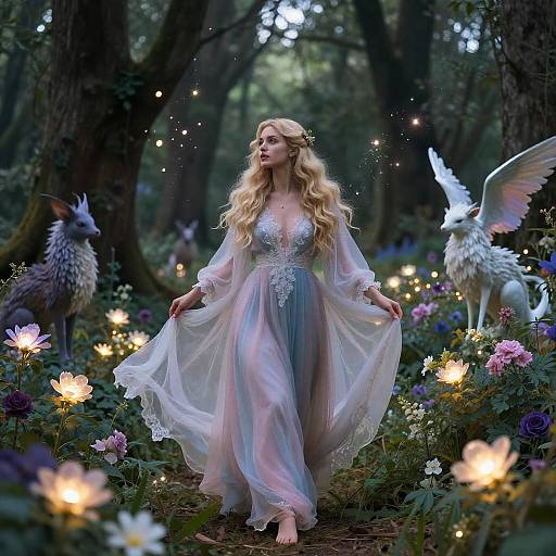 Enchanted forest scene: a blonde woman in a flowing, iridescent dress, surrounded by glowing fireflies, ethereal creatures, and vibrant