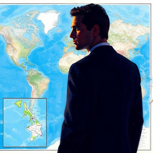 Silhouetted man in a suit, profile view, against a brightly colored world map background, with an inset map of the UK.