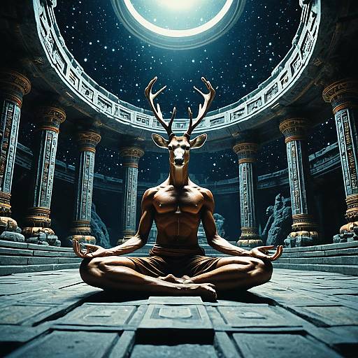 Deer Humanoid Meditating in Ancient Temple