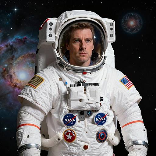 Male Astronaut in NASA Space Suit with Nebula Background