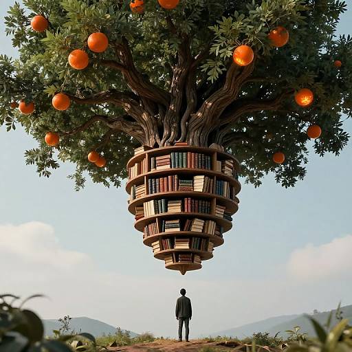 Photorealistic digital art: A giant tree with orange fruits and a floating, spiral bookshelf hangs above a solitary, standing figure. Clear blue sky