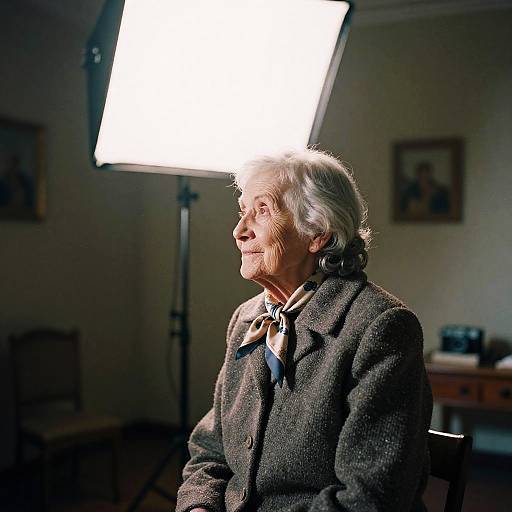 Elderly Woman in Vintage Coat with Softbox Lighting