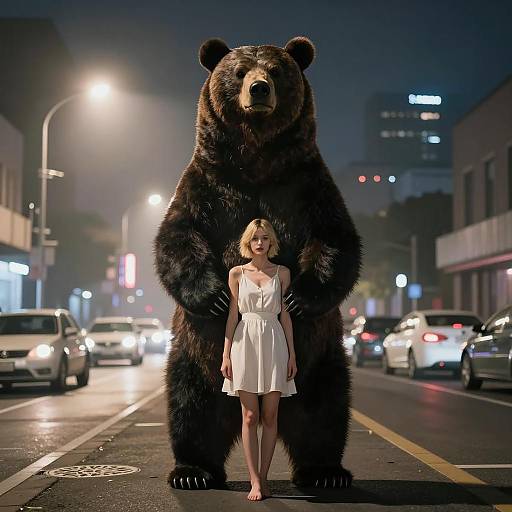 Woman with Large Bear on City Street at Night
