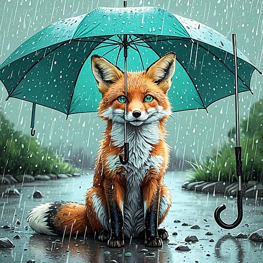 Curious Fox Under Blue Umbrella in Rain
