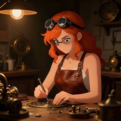 Digital anime-style drawing of a red-haired woman with goggles, wearing a brown leather apron, focused on crafting in a dimly lit workshop.