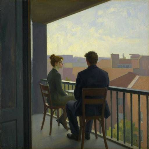Impressionist-style painting of a man and woman sitting on a balcony, facing cityscape with red-roofed buildings, wearing dark clothes.