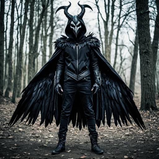 Dark Fantasy Costume with Horned Mask and Black Wings