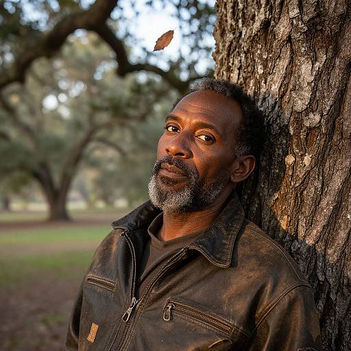 Photograph of an older Black man with a gray beard, leaning against a tree, wearing a dark brown jacket, in a sunlit park with blurred