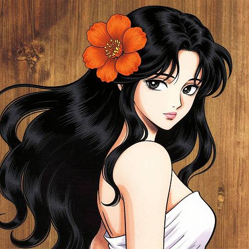 Digital anime-style drawing of a beautiful woman with long black hair, wearing a white strapless top, and an orange flower in her hair, looking over