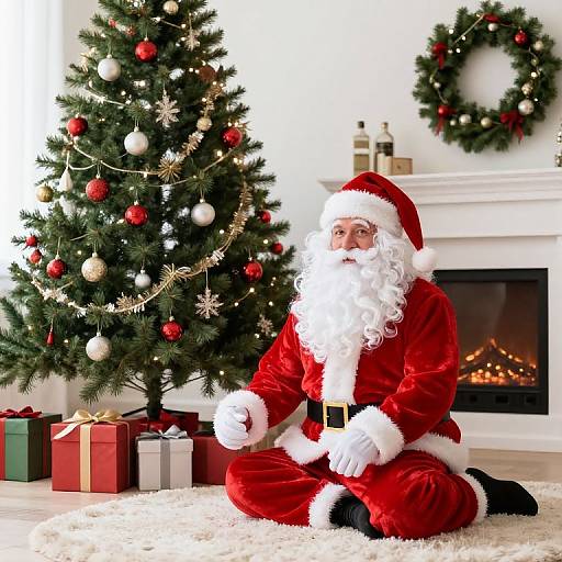 Photograph of Santa Claus in red suit, white beard, and hat, sitting on white rug beside decorated Christmas tree and fireplace.