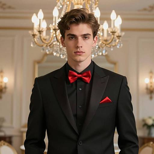 Handsome Young Man in Formal Black Suit with Red Bow Tie