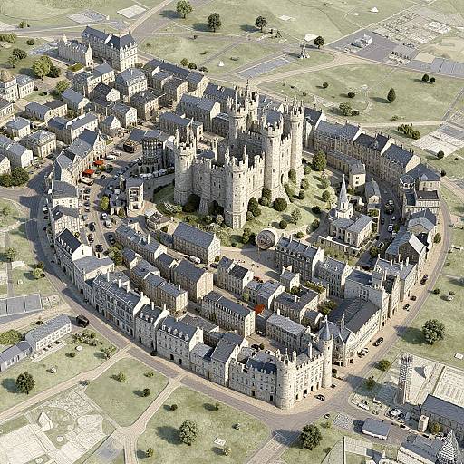 Aerial view of a medieval-style, walled town with gray stone buildings, central castle, and surrounding green fields and roads. Photorealistic CGI