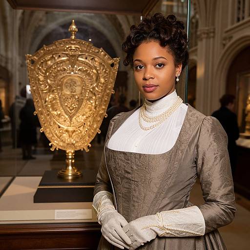 Photograph of a poised Black woman in Victorian-style dress and white gloves, standing before an ornate, golden ceremonial shield in a museum.