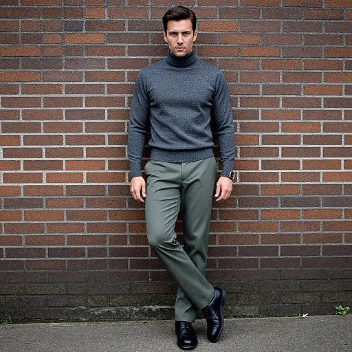 Photograph of a serious, handsome man with short dark hair, wearing a gray turtleneck sweater, olive pants, and black boots, leaning against