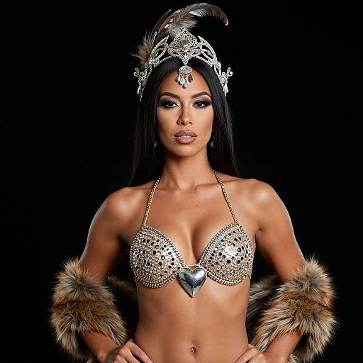 Photograph of a muscular, tan-skinned woman with long black hair, wearing a silver sequin bra with a black heart, fur cuffs, and