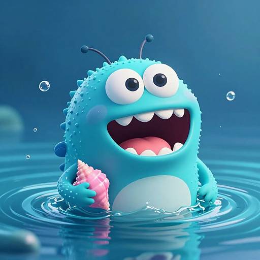 CGI cartoon blue monster with spikes, wide eyes, and sharp teeth, holding pink seaweed, splashing in blue water, with bubbles.
