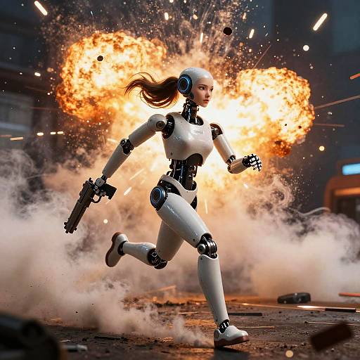 Futuristic Female Robot Escaping Explosion