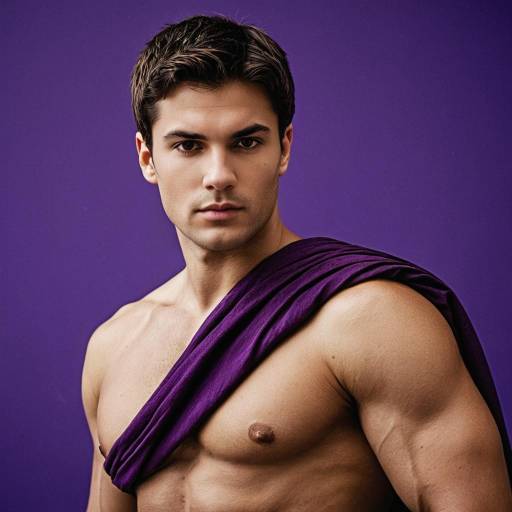 Muscular man in purple toga with purple background