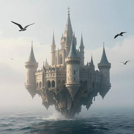 Photorealistic CGI of a floating, Gothic-style castle with multiple spires and turrets, surrounded by misty ocean and flying birds.