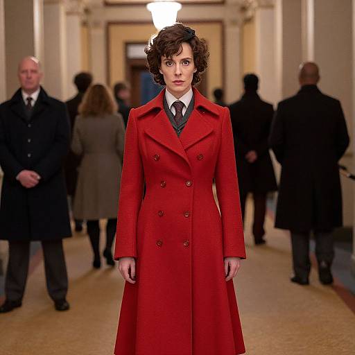 Photograph of a woman in a vibrant red double-breasted coat, standing confidently in a well-lit, elegant hallway with blurred, formally dressed on