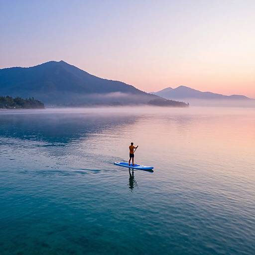 Photograph of a person paddleboarding on calm, misty waters at sunrise, with mountains and a pastel sky in the background.