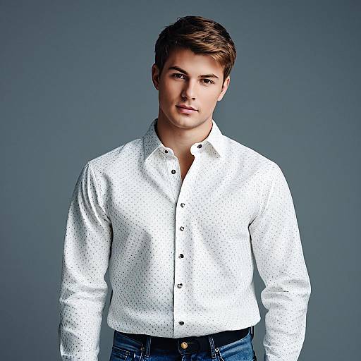 Young Man in White Patterned Shirt and Blue Jeans