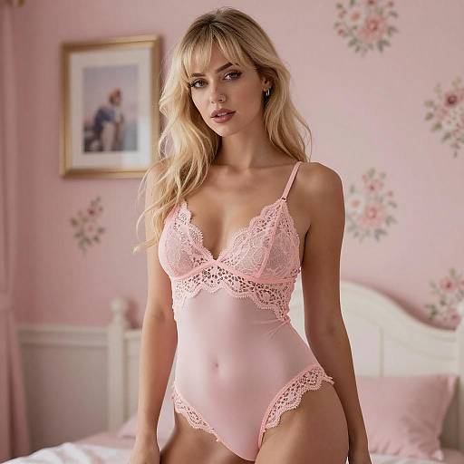 Blonde Woman in Pink Lace Lingerie