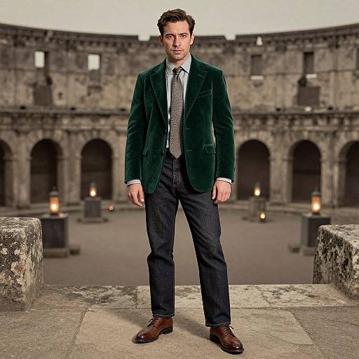Photograph of a serious, dark-haired man in a green velvet blazer, gray tie, dark pants, and brown shoes, standing in a dim