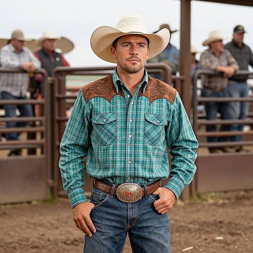 Photograph of a handsome, young Caucasian man in a cowboy outfit, green plaid shirt, brown leather vest, white hat, and silver belt buckle